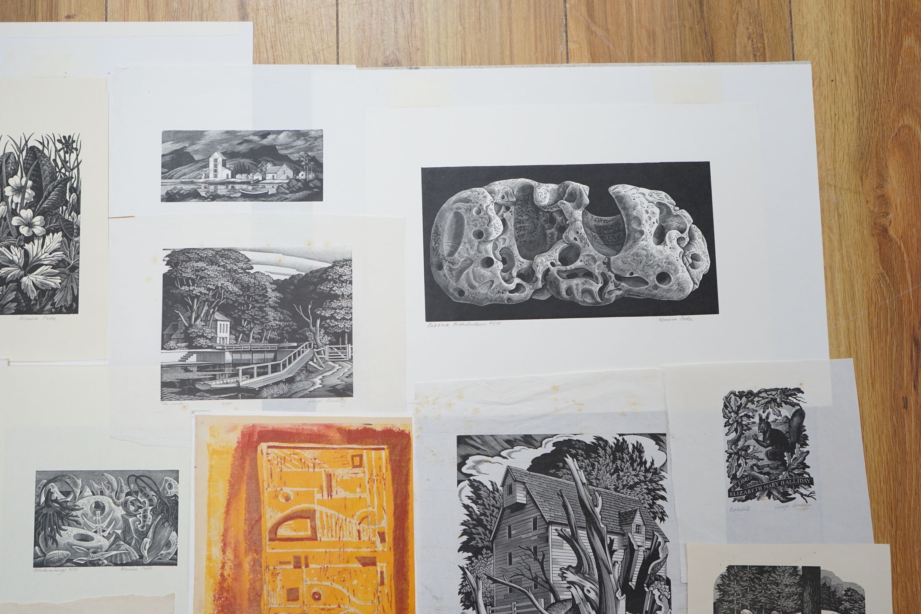 A folio of assorted woodblock prints by Monica Poole, George Mackley and P. Dixon, largest 15 x 20cm